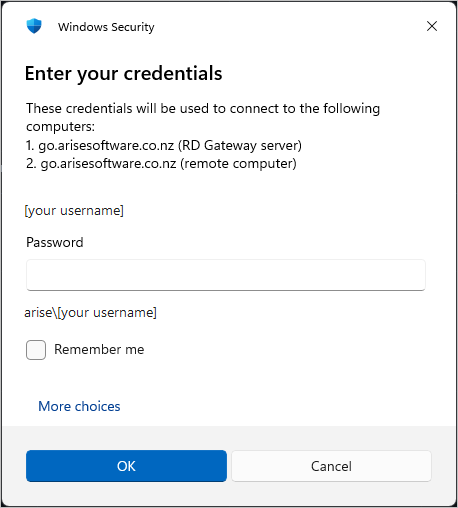 Windows Security: Enter your credentials for go.arisesoftware.co.nz, with the user name arise\[your username]