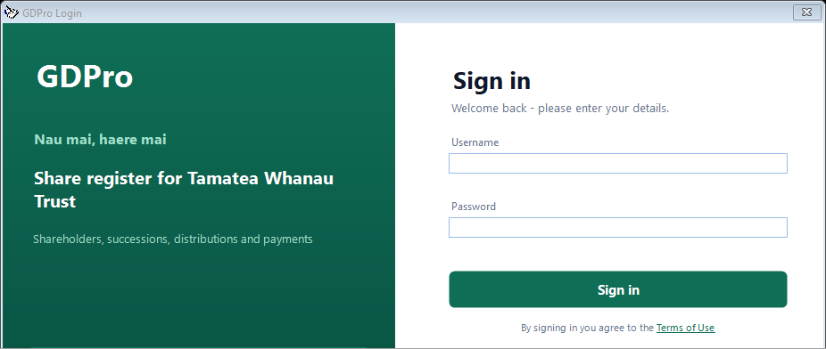 GDPro's sign-in screen, with the Username and Password boxes and the Sign in button