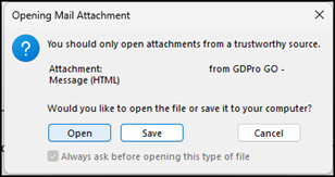 Outlook's Opening Mail Attachment box, with its Open button