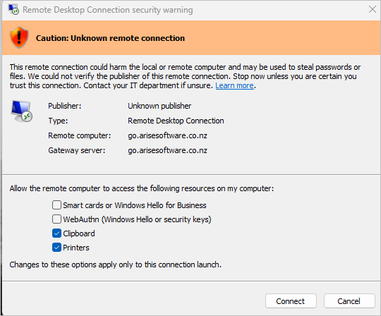 The Remote Desktop Connection security warning for go.arisesoftware.co.nz, with Clipboard and Printers ticked